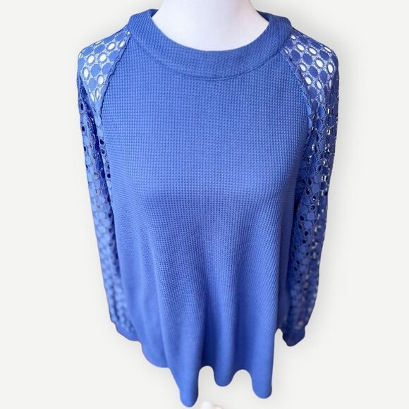 Iwollence Dark Blue Long Detail Lace Sleeve Crewneck Top. Blouse. Shirt. XL. - Picture 3 of 12